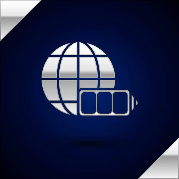 Silberne Batterieladestandsanzeige mit Erdkugel-Symbol auf dunkelblauem Hintergrund. Welt- oder Erdzeichen. Vektorillustration — Stockvektor
