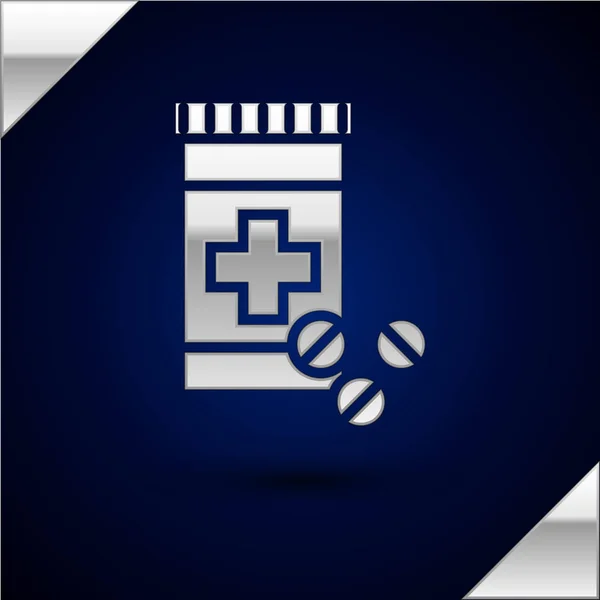 Láhev stříbrné medicíny a tabletky izolované na tmavomodré pozadí. Značka pro léky na láhev. Návrh lékárny. Vektorová ilustrace — Stockový vektor