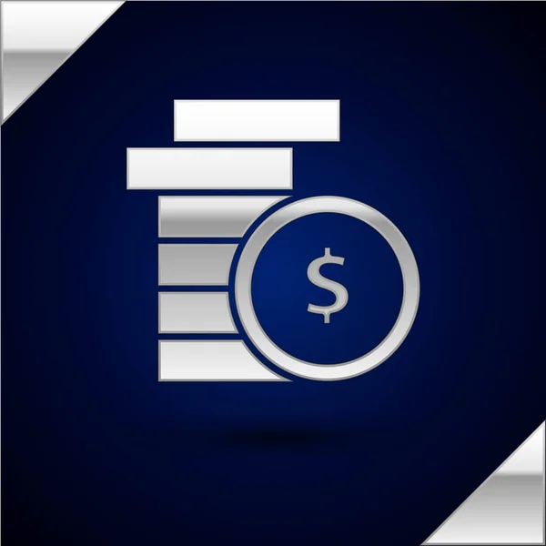 Zilveren muntgeld met dollar symbool pictogram geïsoleerd op donker blauwe achtergrond. Bank valutateken. Cash symbool. Vector illustratie — Stockvector