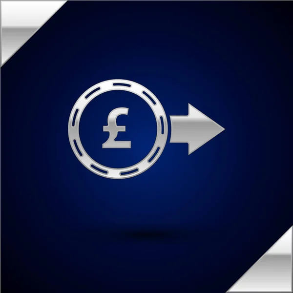 Moeda de prata dinheiro com libra esterlina símbolo ícone isolado no fundo azul escuro. Sinal de moeda bancária. Símbolo. Ilustração vetorial — Vetor de Stock