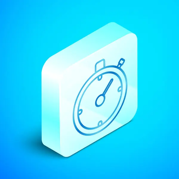 Isometrische lijn stopwatch pictogram geïsoleerd op blauwe achtergrond. Tijd timer teken. Chronometer-teken. Zilveren vierkante knop. Vector illustratie — Stockvector