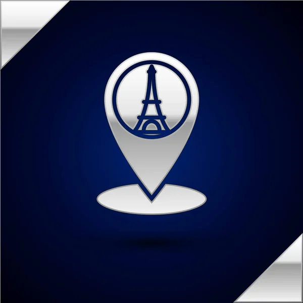 Ponteiro de mapa prateado com ícone da torre Eiffel isolado no fundo azul escuro. França Paris símbolo de referência. Ilustração vetorial — Vetor de Stock