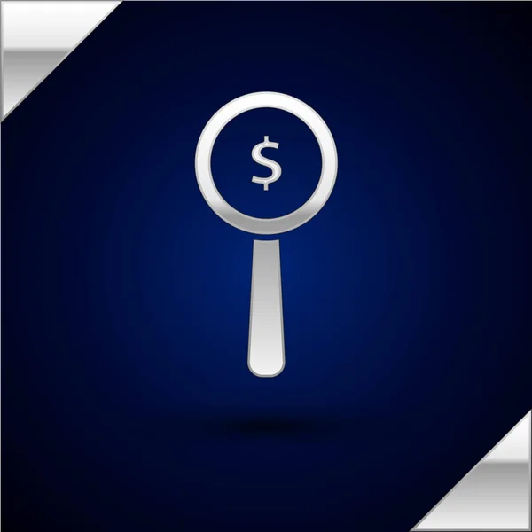 Lupa de plata y símbolo del dólar icono aislado sobre fondo azul oscuro. Encuentra dinero. Buscando dinero. Ilustración vectorial — Archivo Imágenes Vectoriales