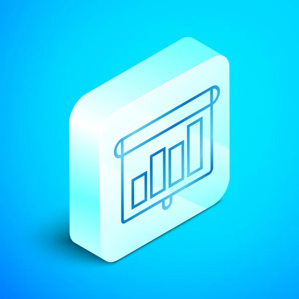 Isometrische Linienpräsentation Finanzgeschäft mit Graph, Zeitplan, Diagramm, Diagramm, Infografik, Kuchendiagramm-Symbol auf blauem Hintergrund isoliert. Silberner quadratischer Knopf. Vektorillustration — Stockvektor