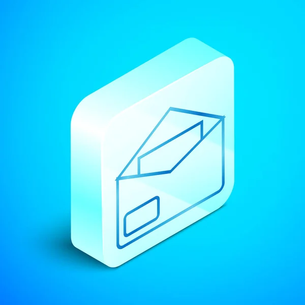 Izometrická čára: ikona obálky je izolovaná na modrém pozadí. Symbol e-mailové zprávy. Stříbrné čtvercové tlačítko. Vektorová ilustrace — Stockový vektor