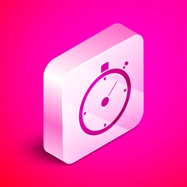 Icono del cronómetro isométrico aislado sobre fondo rosa. Signo del temporizador. Signo de cronómetro. Botón cuadrado plateado. Ilustración vectorial — Archivo Imágenes Vectoriales