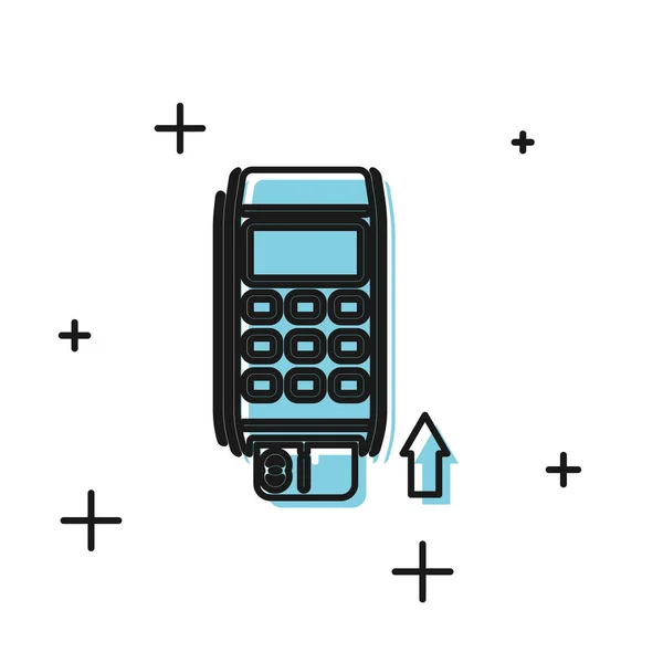 Terminal Black pos z włożoną ikoną karty kredytowej na białym tle. Transakcja terminala płatniczego. Zapłać kartą. Ilustracja wektorowa — Wektor stockowy