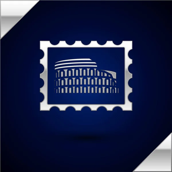 Silver Postal stamp and Coliseum icon isolated on dark blue background. Colosseum sign. Symbol of Ancient Rome, gladiator fights. Vector Illustration — Stock Vector