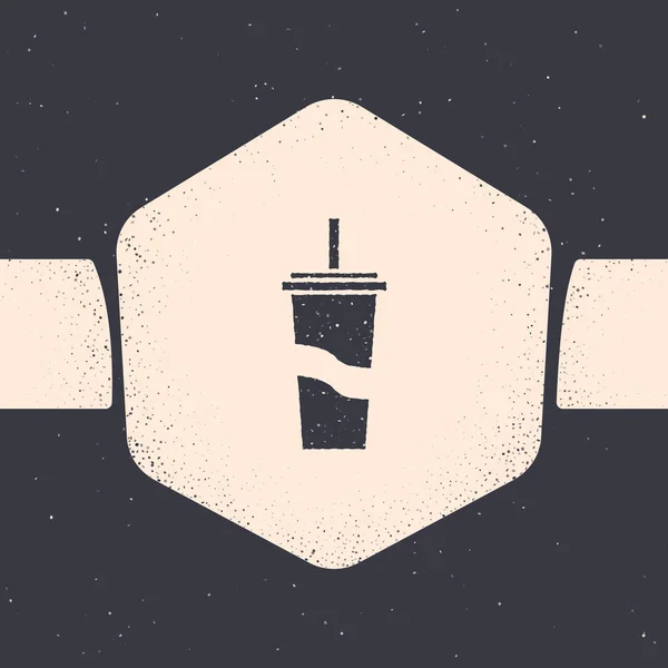 Grunge vaso de papel con paja para beber y agua icono aislado sobre fondo gris. Un vaso de refresco. Símbolo de bebida fría fresca. Dibujo vintage monocromo. Ilustración vectorial — Archivo Imágenes Vectoriales