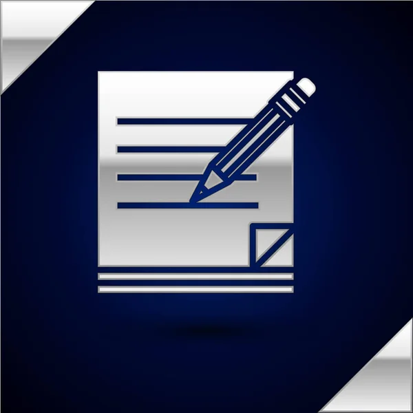Stříbrný prázdný Poznámkový blok a tužka s ikonou gumy izolované na tmavomodrém pozadí. Papír a tužku. Vektorová ilustrace — Stockový vektor