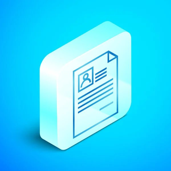 Línea isométrica Reanudar icono aislado sobre fondo azul. Aplicación CV. Buscando personal profesional. Analizando el currículum. Botón cuadrado plateado. Ilustración vectorial — Vector de stock