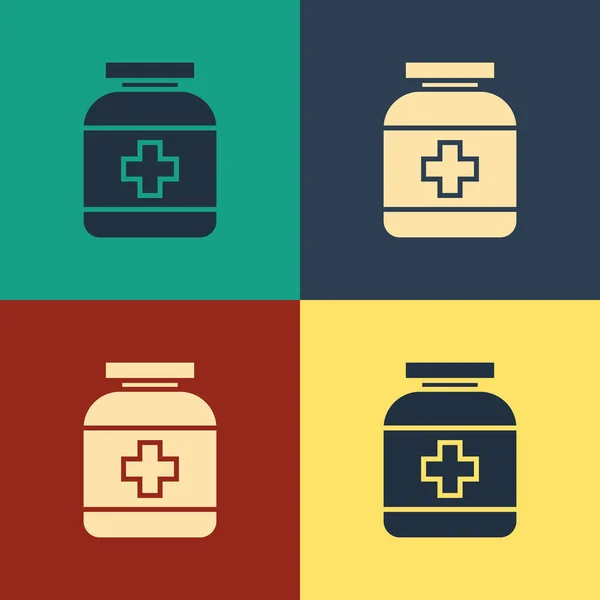 Kleur geneeskunde fles pictogram geïsoleerd op kleur achtergrond. Fles pil teken. Apotheek ontwerp. Vintage stijl tekening. Vector illustratie — Stockvector