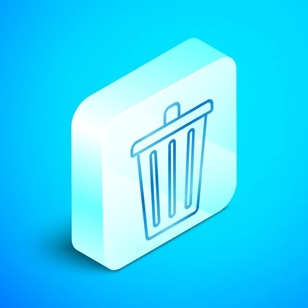 Isométrique ligne corbeille icône isolée sur fond bleu. Panneau poubelle. Icône de panier de recyclage. Icône poubelle de bureau. Bouton carré argenté. Illustration vectorielle — Image vectorielle