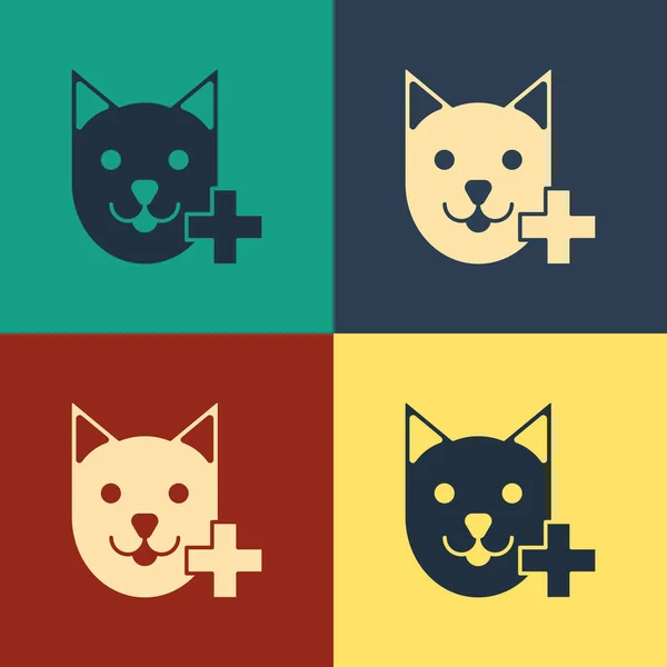 カラー獣医クリニックのシンボルアイコンは、色の背景に分離されています。猫の獣医のケアとクロス。ペット応急処置の看板。ヴィンテージスタイルの図面。ベクトルイラストレーション — ストックベクタ
