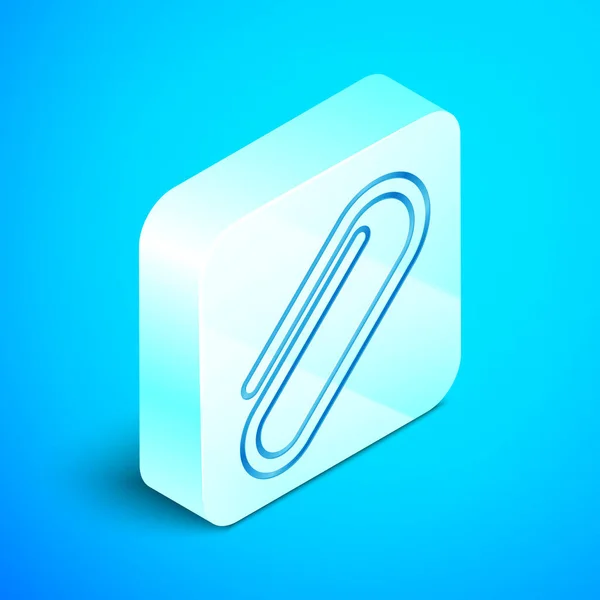 Ligne isométrique icône trombone isolé sur fond bleu. Bouton carré argenté. Illustration vectorielle — Image vectorielle