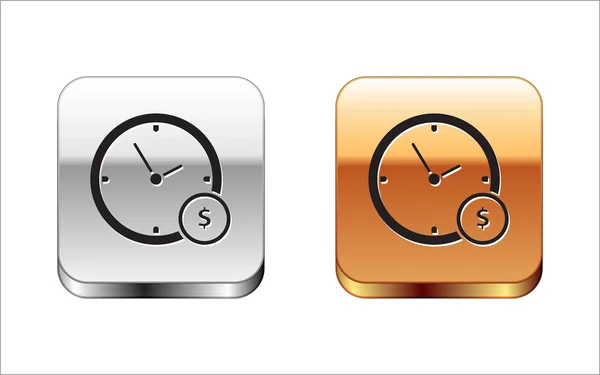 Black Time é um ícone de dinheiro isolado no fundo branco. Dinheiro é tempo. Gestão eficaz do tempo. Converta tempo em dinheiro. Botão quadrado prata-ouro. Ilustração vetorial — Vetor de Stock