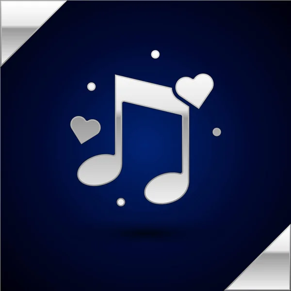 Silver Note de musique, ton avec des cœurs icône isolé sur fond bleu foncé. Illustration vectorielle — Image vectorielle