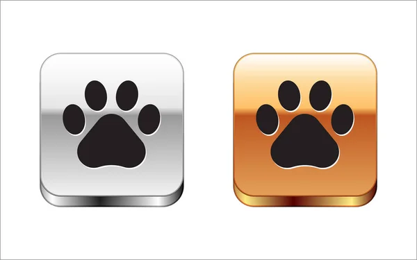 Zwarte Paw Print icoon geïsoleerd op witte achtergrond. Hond of kat Paw Print. Dieren spoor. Zilver-gouden vierkante knop. Vector illustratie — Stockvector