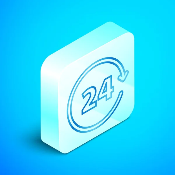 Isometric line Clock 24 hours icon isolated on blue background. All day cyclic icon. 24 hours service symbol. Silver square button. Vector Illustration — Stock Vector