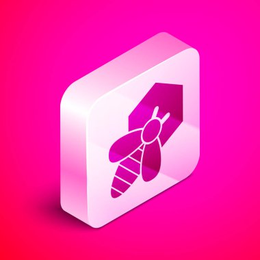 İzometrik Arı ve petek simgesi pembe arka plan üzerinde izole. Bal hücreleri. Bal arısı veya kanat sembolü ile apis. Uçan böcek. Tatlı doğal yemekler. Gümüş kare düğme. Vektör İllüstrasyonu