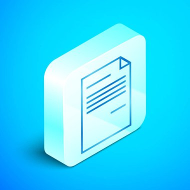 İzometrik çizgi Mavi arka planda yalıtılmış belge simgesi. Dosya simgesi. Denetim listesi simgesi. İş konsepti. Gümüş kare düğme. Vektör İllüstrasyonu