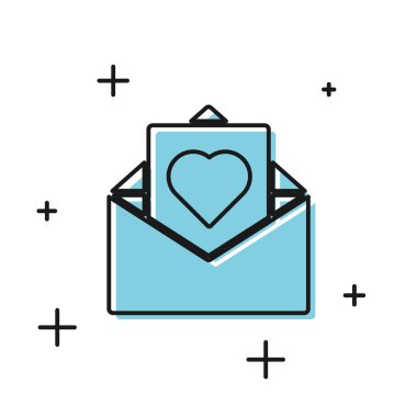 Beyaz arka plan üzerinde izole Valentine kalp simgesi ile Siyah Zarf. Mesaj aşk. Mektup aşk ve romantizm. Vektör İllüstrasyonu