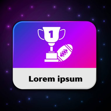 Beyaz Ödül kupası ve Amerikan futbol topu simgesi siyah arka plan üzerinde izole. Kazanan kupa sembolü. Şampiyonluk ya da yarışma kupası. Dikdörtgen renk düğmesi. Vektör İllüstrasyonu