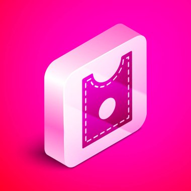 İzometrik Dikiş Deseni simgesi pembe arka plan üzerinde izole. Dikiş için işaretler. Gümüş kare düğme. Vektör İllüstrasyonu