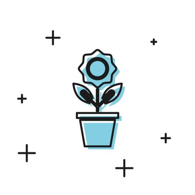 Beyaz arka plan üzerinde izole pot simgesi siyah çiçek. Bir tencerede yetişen bitki. Saksı bitki işareti. Vektör İllüstrasyonu