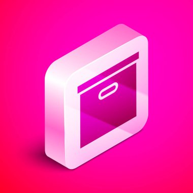 İzometrik Karton karton kutu simgesi pembe arka plan üzerinde izole. Kutu, paket, paket tabelası. Teslimat ve paketleme. Nakliye ve nakliye. Gümüş kare düğme. Vektör İllüstrasyonu