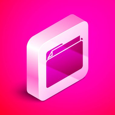 İzometrik Belge klasör simgesi pembe arka planda yalıtılmış. Muhasebe bağlayıcı sembolü. Muhasebe yönetimi. Gümüş kare düğme. Vektör İllüstrasyonu