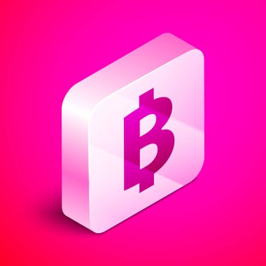 İzometrik Cryptocurrency sikke Bitcoin simgesi pembe arka plan üzerinde izole. Fiziksel biraz para. Blockchain tabanlı güvenli kripto para birimi. Gümüş kare düğme. Vektör İllüstrasyonu