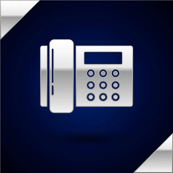濃い青色の背景に分離されたシルバー電話アイコン。固定電話ベクトルイラストレーション — ストックベクタ