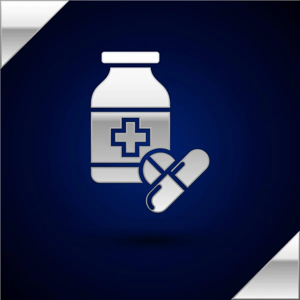 Silver Medicine butelka i pigułki ikona izolowane na ciemnym niebieskim tle. Znak pigułki butelki. Projektowanie farmacji. Ilustracja wektorowa — Wektor stockowy