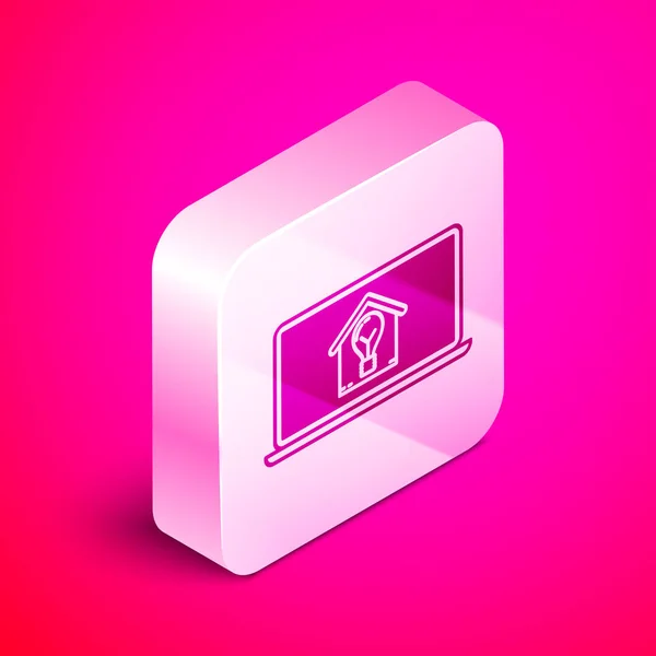 Isometrischer Laptop mit Smart House und Glühbirnensymbol isoliert auf rosa Hintergrund. Silberner quadratischer Knopf. Vektorillustration — Stockvektor