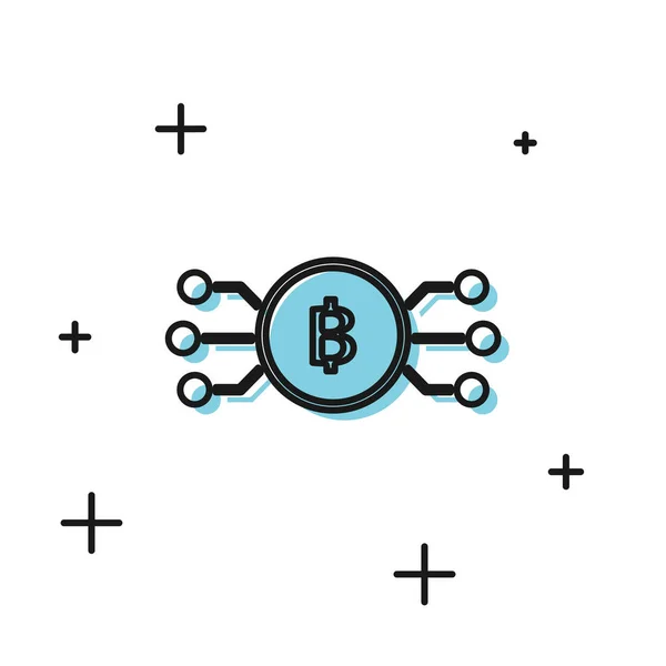 Schwarze Kryptowährung Bitcoin im Kreis mit Mikrochip-Schaltungssymbol isoliert auf weißem Hintergrund. Blockchain-Technologie, digitaler Geldmarkt. Vektorillustration — Stockvektor