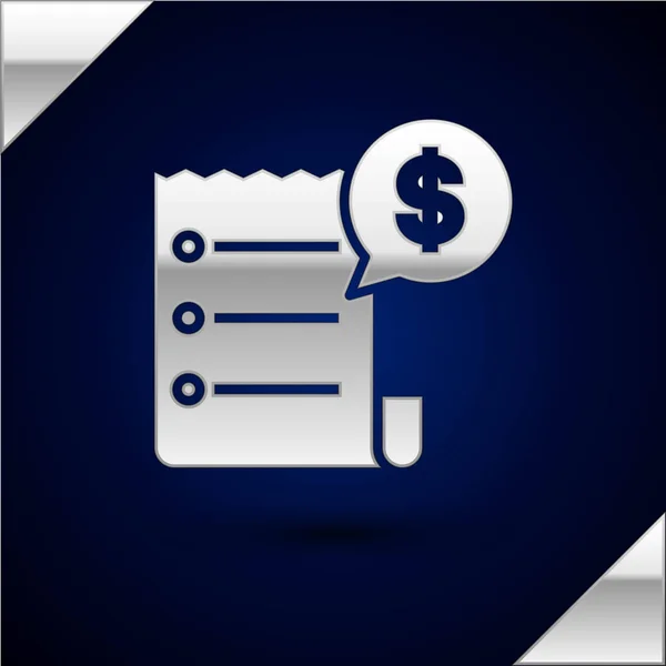 Σύμβολο ελέγχου ασημιού και δημοσιονομικού ελέγχου απομονώνεται σε σκούρο μπλε φόντο. Έλεγχος εκτύπωσης χαρτιού, αποδεικτικό καταστήματος ή λογαριασμός. Απεικόνιση διανυσματικών φορέων — Διανυσματικό Αρχείο