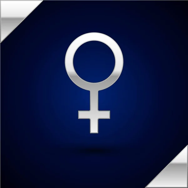 Ícone de símbolo de gênero feminino prata isolado no fundo azul escuro. Símbolo de Vénus. O símbolo de um organismo feminino ou mulher. Ilustração vetorial —  Vetores de Stock