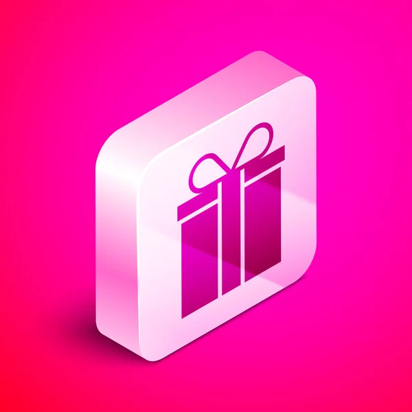 Icono de caja de regalo isométrico aislado sobre fondo rosa. Botón cuadrado plateado. Ilustración vectorial — Vector de stock