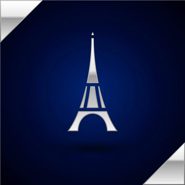 ไอคอนหอไอเฟลสีเงินแยกจากพื้นหลังสีฟ้าเข้ม สัญลักษณ์ของฝรั่งเศส ปารีส ภาพวาดเวกเตอร์ — ภาพเวกเตอร์สต็อก