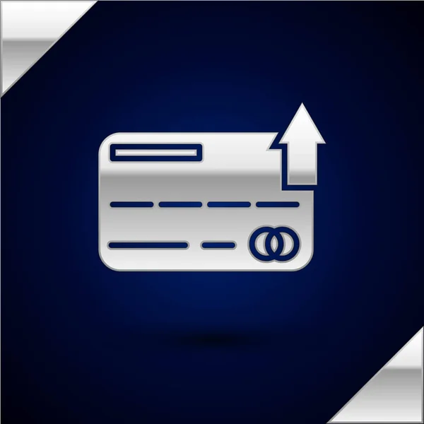 Иконка серебряной кредитной карты выделена на темно-синем фоне. Оплата онлайн. Снятие денег. Финансовые операции. Торговый знак. Векторная миграция — стоковый вектор