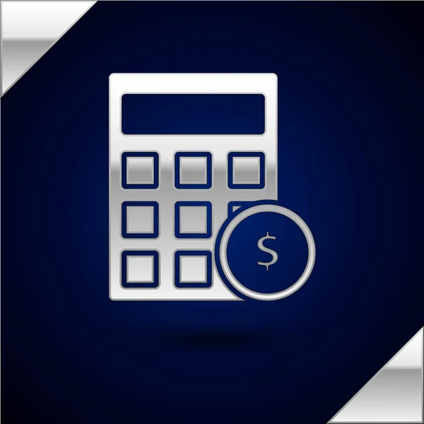 Silver Calculator with dollar symbol icon isolated on dark blue background. Money saving concept. Accounting symbol. Vector Illustration — Stock Vector