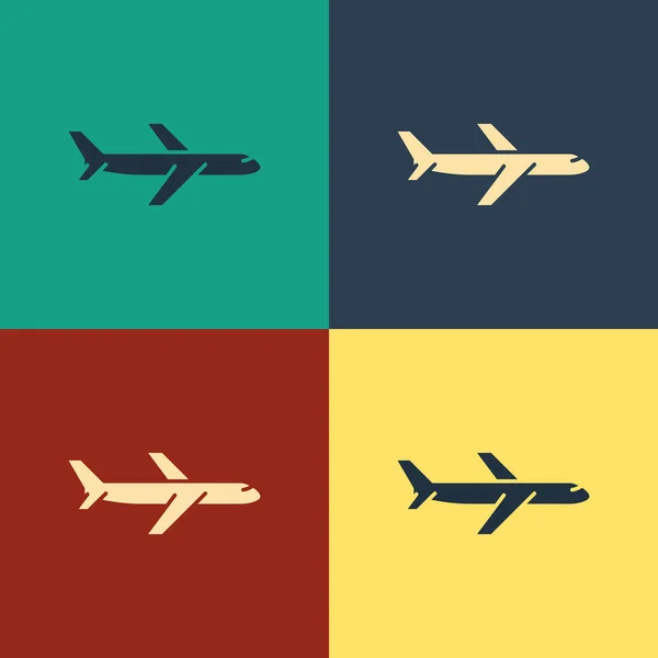Color Plane icon isolated on color background. Flying airplane icon. Airliner sign. Vintage style drawing. Vector Illustration — Stock Vector