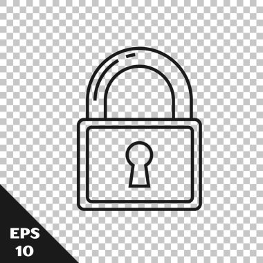 Siyah çizgi kilidi simgesi şeffaf arkaplanda izole edildi. Asma kilit işareti. Güvenlik, güvenlik, koruma, gizlilik kavramı. Vektör İllüstrasyonu