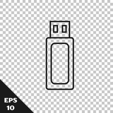 Siyah çizgi USB flash disk simgesi şeffaf arkaplanda izole edildi. Vektör İllüstrasyonu