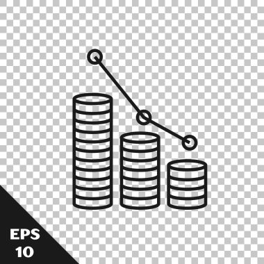 Siyah çizgi Pasta grafik infografik ve sikke simgesi saydam arka plan üzerinde izole. Diyagram grafik işareti. Vektör İllüstrasyonu