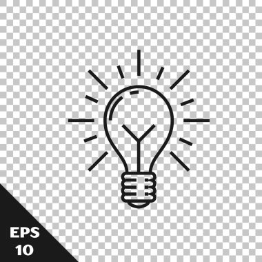Işıkları parlaklık ve fikir simgesi kavramı şeffaf arka plan üzerinde izole ile Siyah hat Ampul. Enerji ve fikir sembolü. İlham kavramı. Vektör İllüstrasyonu