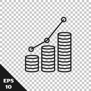 Siyah çizgi Pasta grafik infografik ve sikke simgesi saydam arka plan üzerinde izole. Diyagram grafik işareti. Vektör İllüstrasyonu