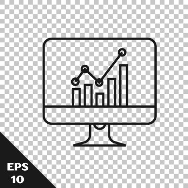 Saydam arka planda izole grafik grafik simgesi ile Siyah çizgi Bilgisayar monitörü. Metin dosyası simgesini bildirin. Muhasebe işareti. Denetim, analiz, planlama. Vektör İllüstrasyonu