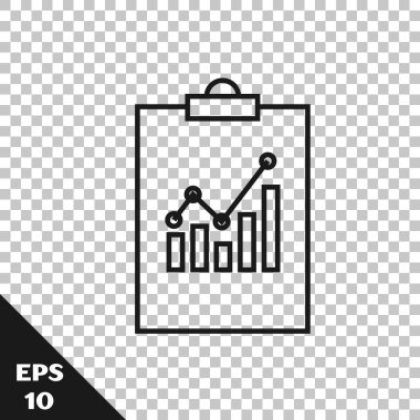 Saydam arka planda yalıtılmış grafik grafik simgesine sahip siyah çizgi Panosu. Metin dosyası simgesini bildirin. Muhasebe işareti. Denetim, analiz, planlama. Vektör İllüstrasyonu